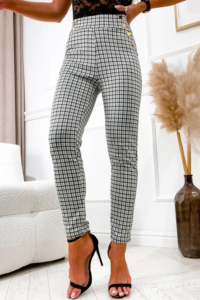 MATERIAŁOWE SPODNIE W KRATĘ- ZIELONE