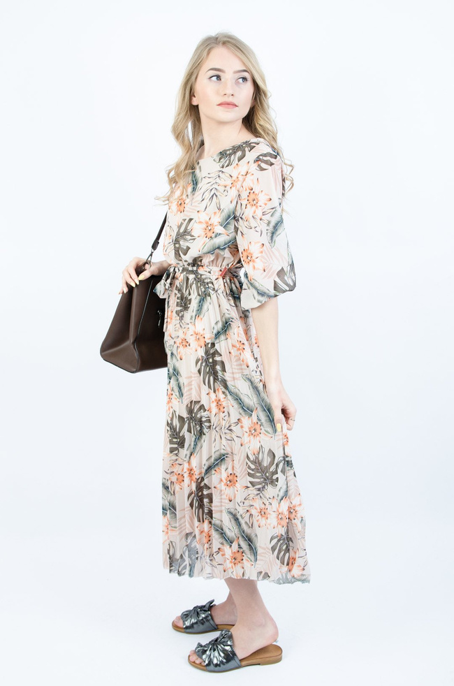 BEŻOWA SUKIENKA W KWIATY Z PLISOWANYM DOŁEM