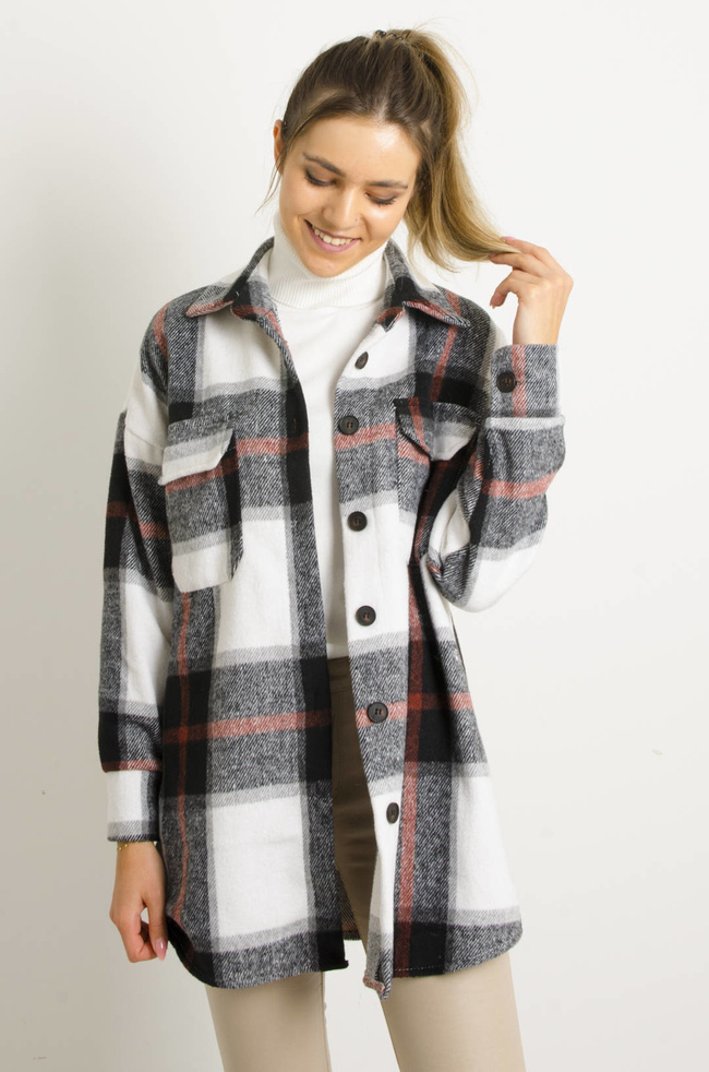 KURTKA KOSZULOWA W KRATĘ- CZARNA