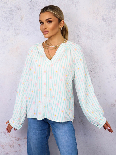 BLUZKA KOSZULOWA W PASKI I KWIATKI- ZIELONA