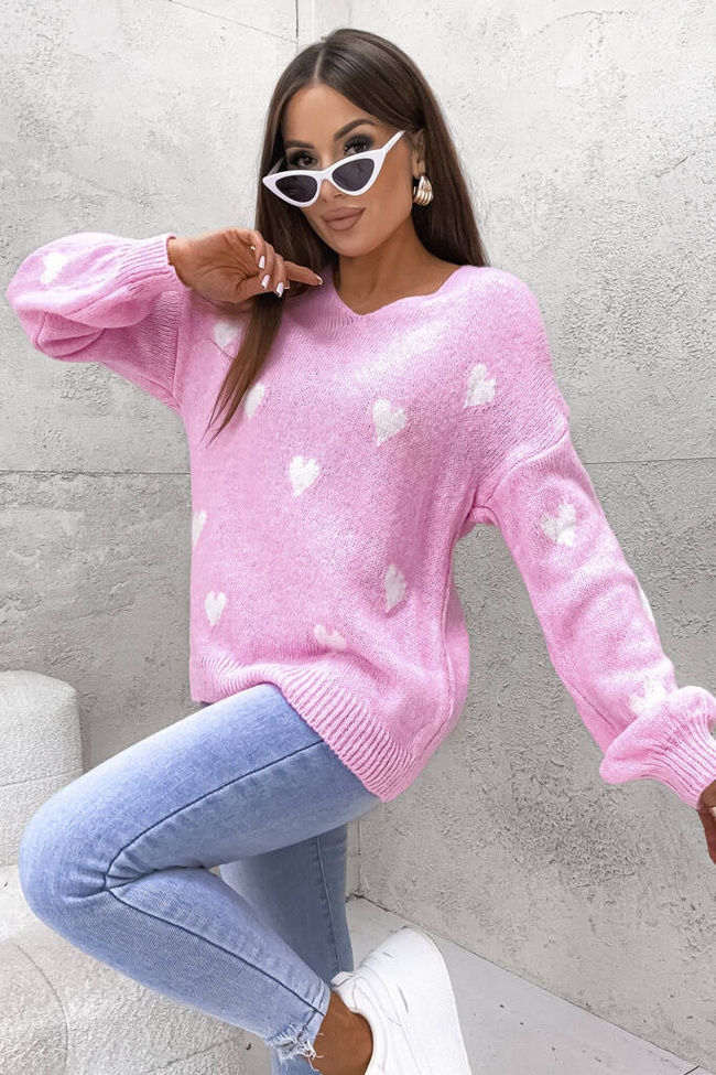 SWETER OVERSIZE W SERDUSZKA- RÓŻOWY