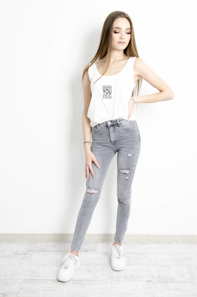 SPODNIE JEANSOWE SKINNY Z PRZETARCIAMI - WYSOKI STAN