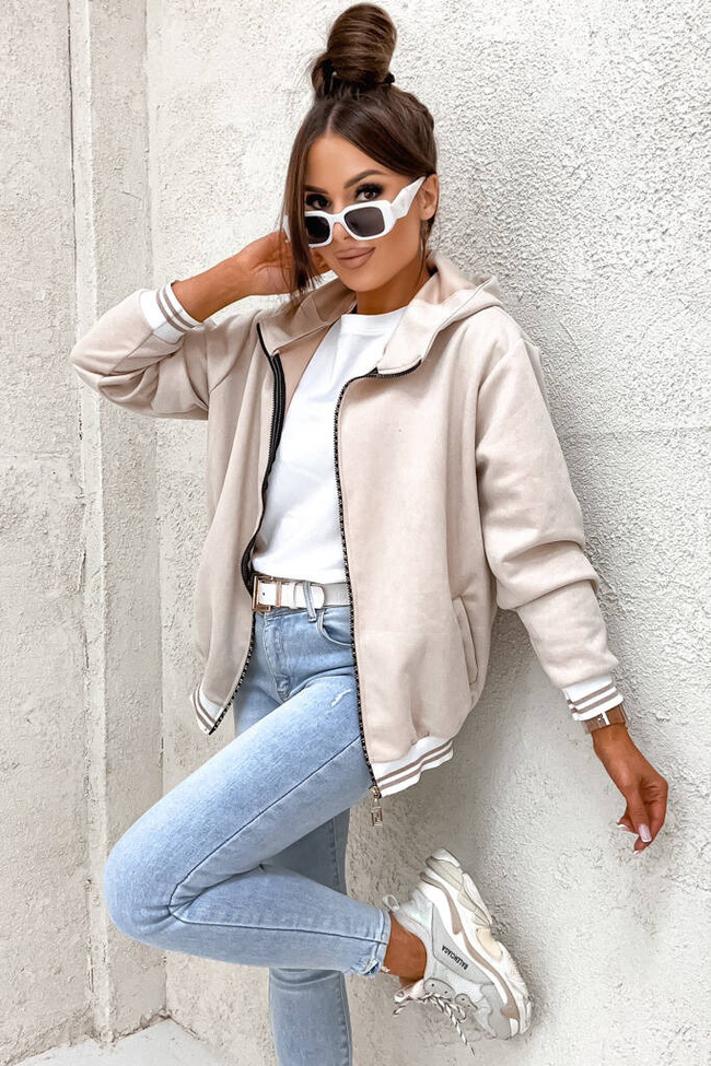 BLUZA ZAMSZOWA Z KONTRASTOWYMI ŚCIĄGACZAMI- BEŻOWA