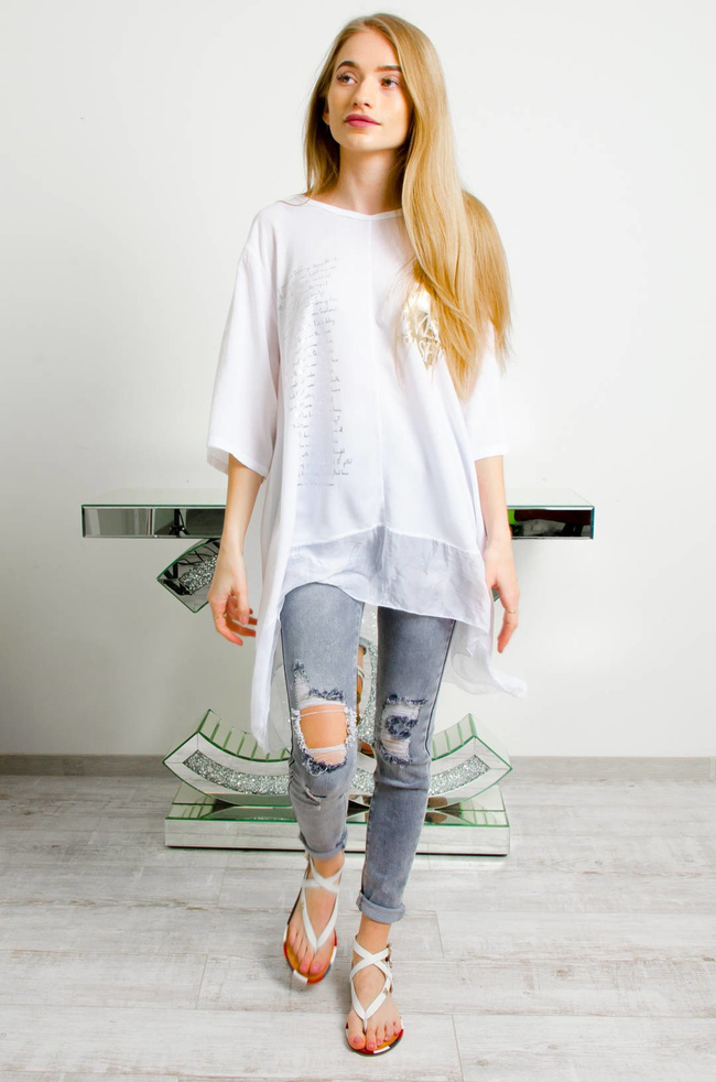 BIAŁA BLUZKA OVERSIZE , SREBRNO-ZŁOTA APLIKACJA