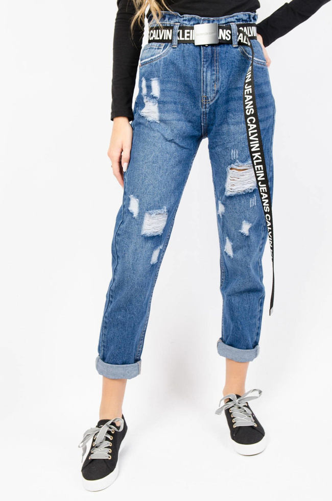 CIEMNE SPODNIE JEANSOWE MOM FIT Z PRZETARCIAMI- WYSOKI STAN