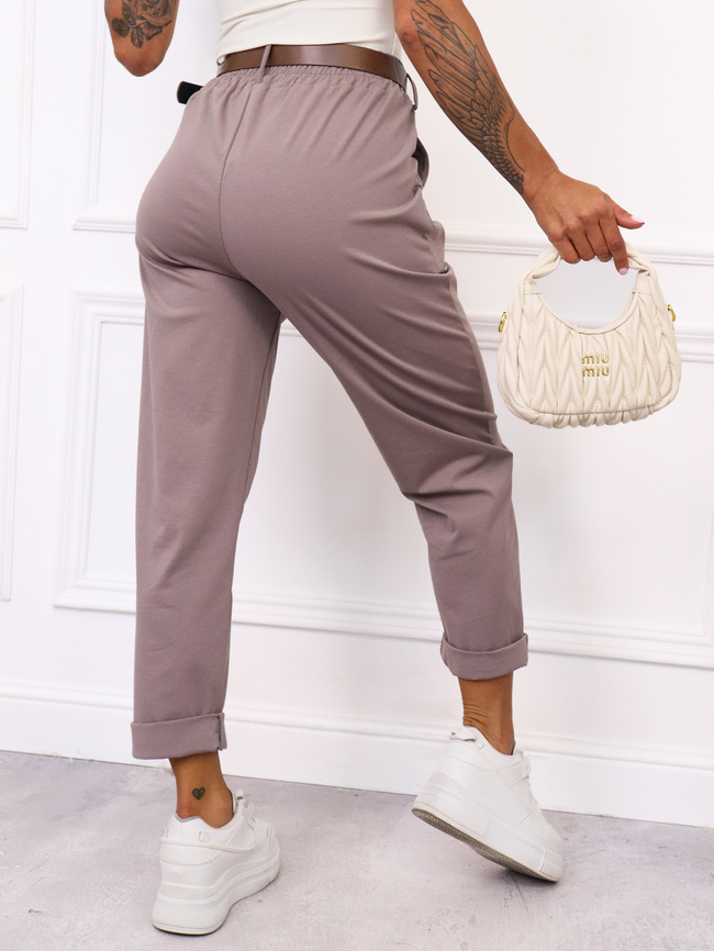 SPODNIE MATERIAŁOWE Z NASZYWKĄ+ PASEK- CAPPUCCINO