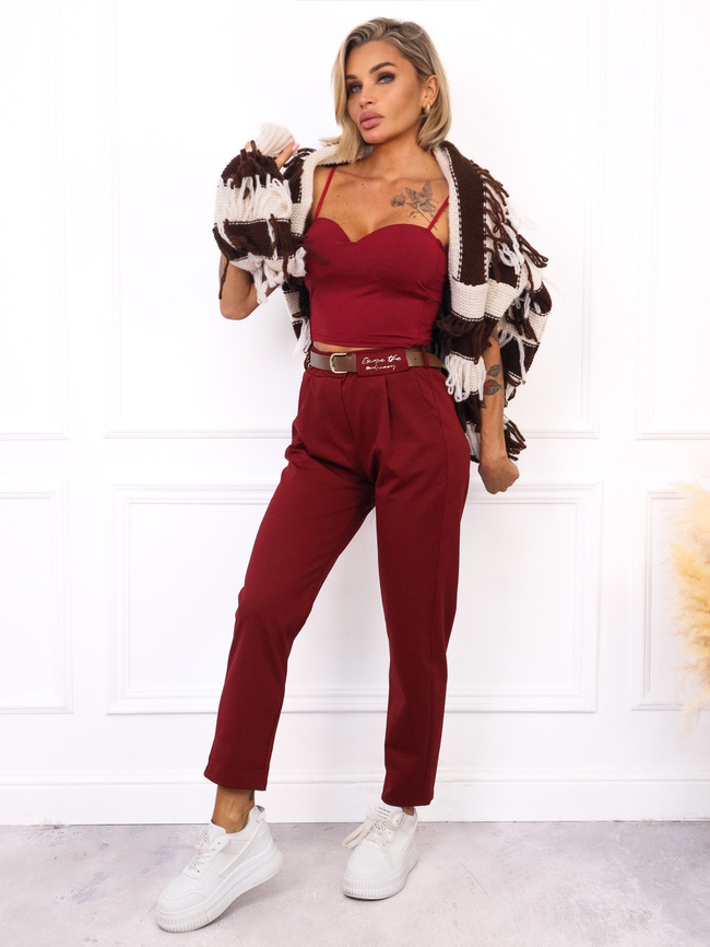 SPODNIE MATERIAŁOWE Z NASZYWKĄ+ PASEK- BORDOWE