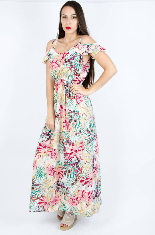 BIAŁA SUKIENKA MAXI Z MOTYWEM KWIATOWYM