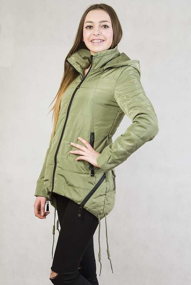 Asymetryczna zielona kurtka z kapturem ze ściągaczami