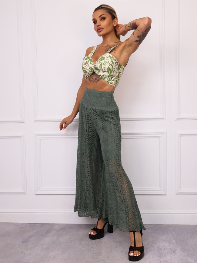 SPODNIE Z KORONKOWYMI NOGAWKAMI I SZEROKIM PASEM- ZIELONE
