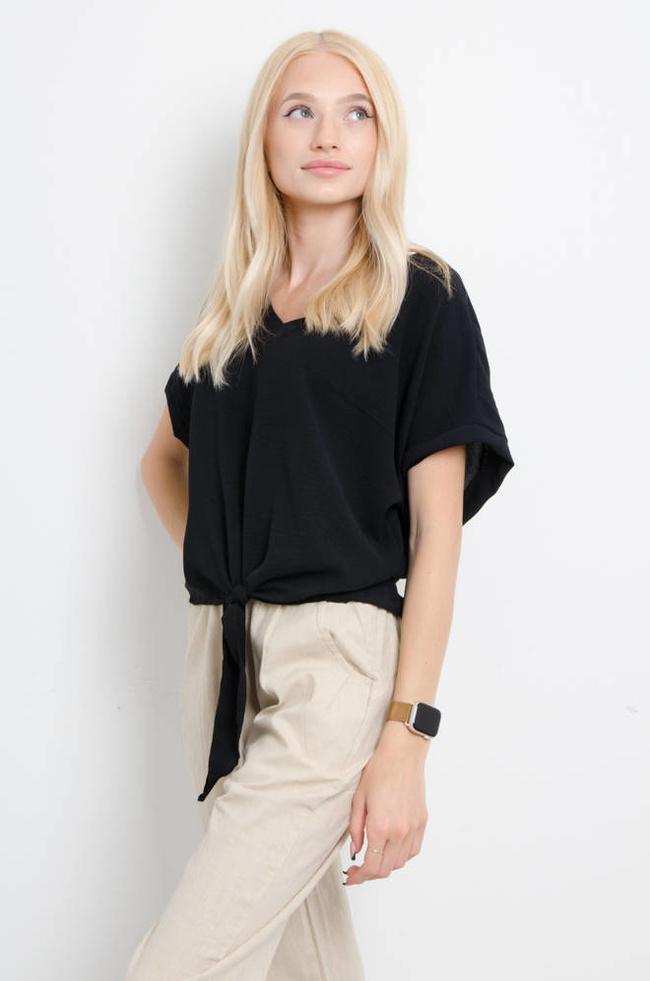 BLUZKA Z WIĄZANIEM DEKOLT V - CZARNA