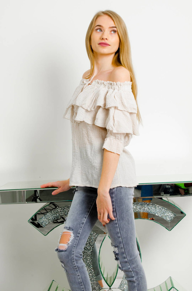 BEŻOWA MUŚLINOWA BLUZKA HISZPANKA