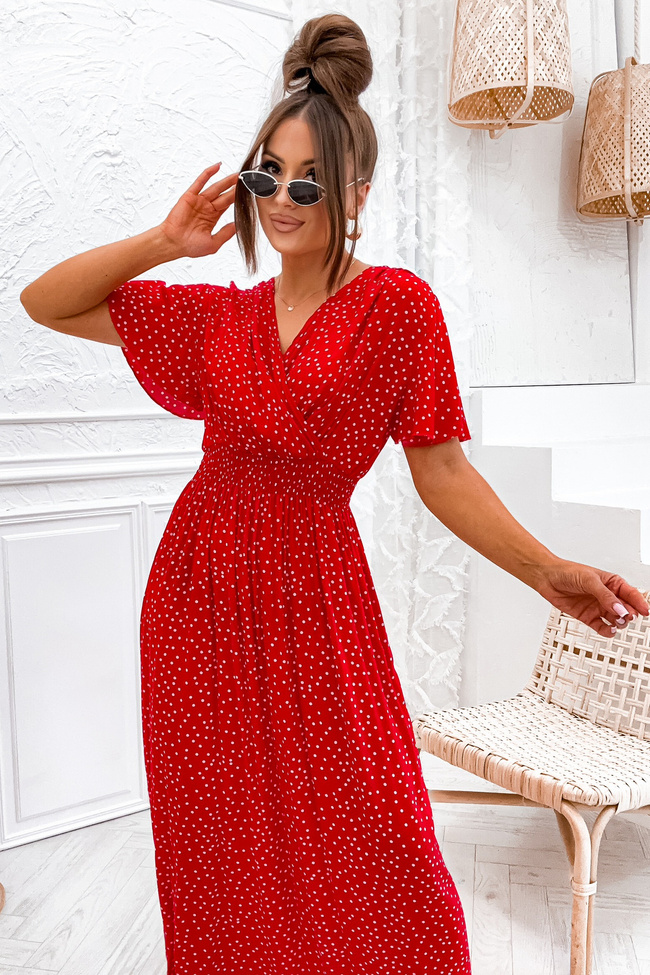 SUKIENKA MAXI W KROPKI Z DEKOLTEM KOPERTOWYM- CZERWONA