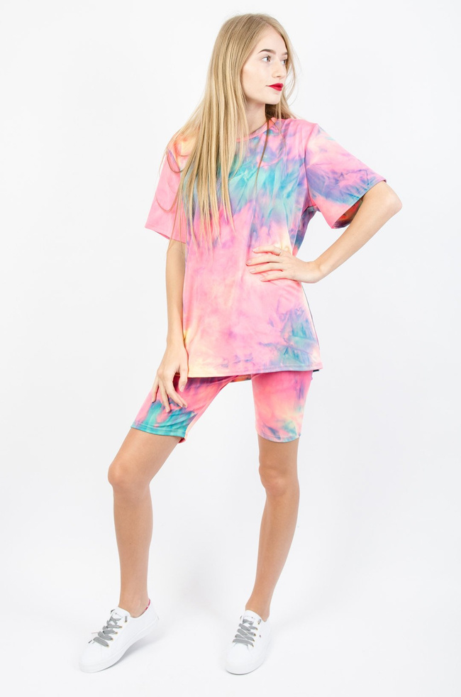 RÓŻOWY KOMPLET T-SHIRT + KOLARKI Z EFEKTEM TIE DYE