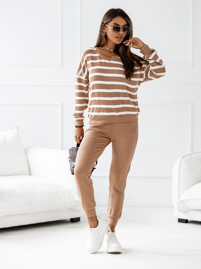 DZIANINOWY KOMPLET SPODNIE+ BLUZA W PASKI- BEŻOWY