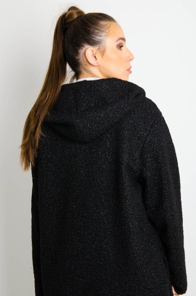 CZARNY MELANŻOWY PŁASZCZ Z WYCIĘCIEM 