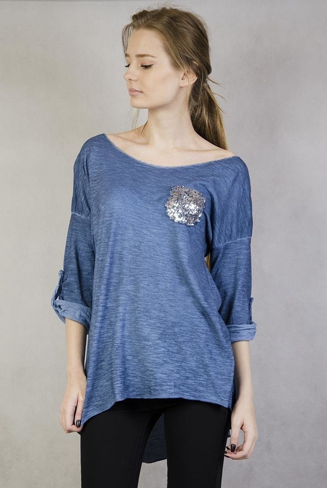 Asymetryczna niebieska bluzka z cekinami