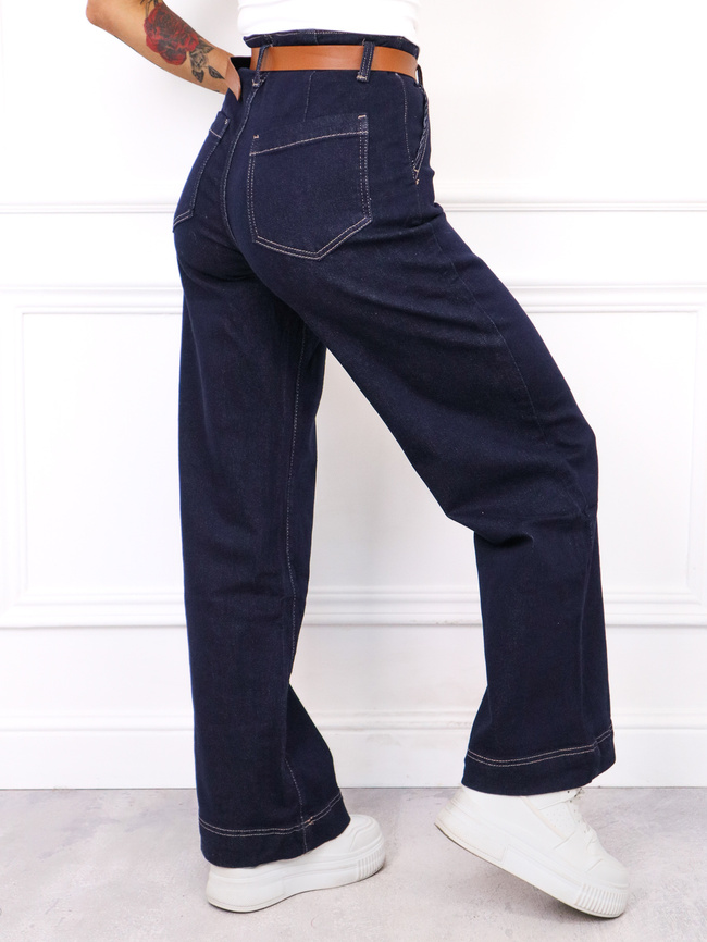 SPODNIE JEANSOWE Z WYSOKĄ TALIĄ I DŁUGIMI NOGAWKAMI + PASEK- GRANATOWE