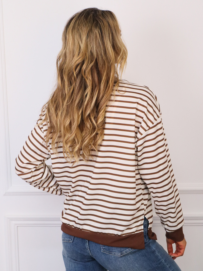 BLUZA BAWEŁNIANA OVERSIZE W PASKI - BRĄZOWA