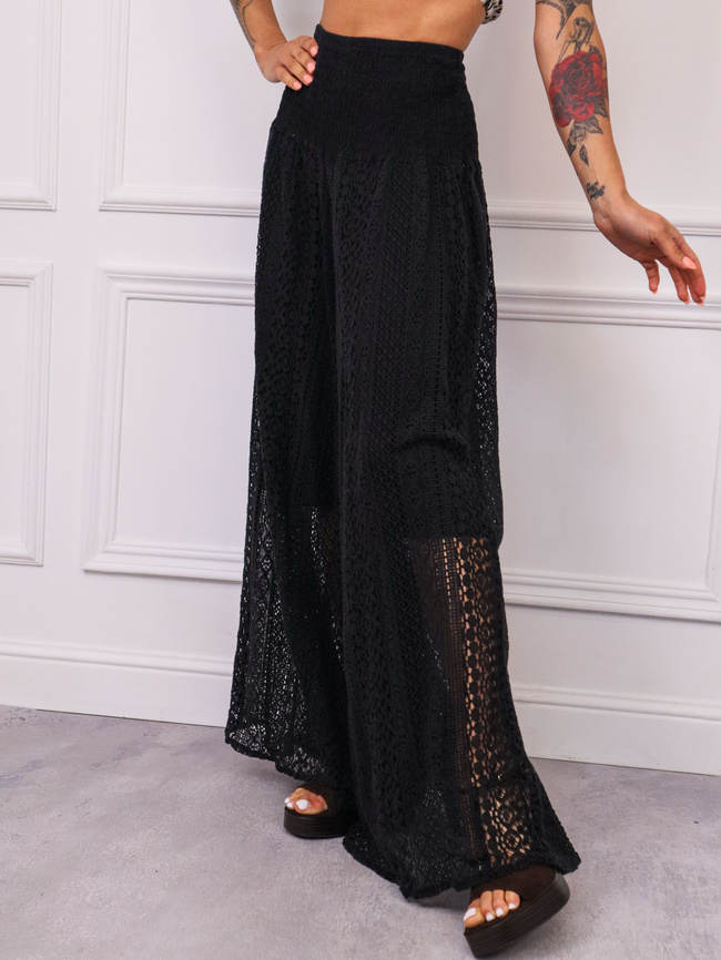 SPODNIE Z KORONKOWYMI NOGAWKAMI I SZEROKIM PASEM- CZARNE