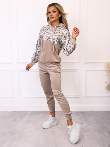 KOMPLET WELUROWY BLUZA + SPODNIE W PANTERKE- BEŻOWY