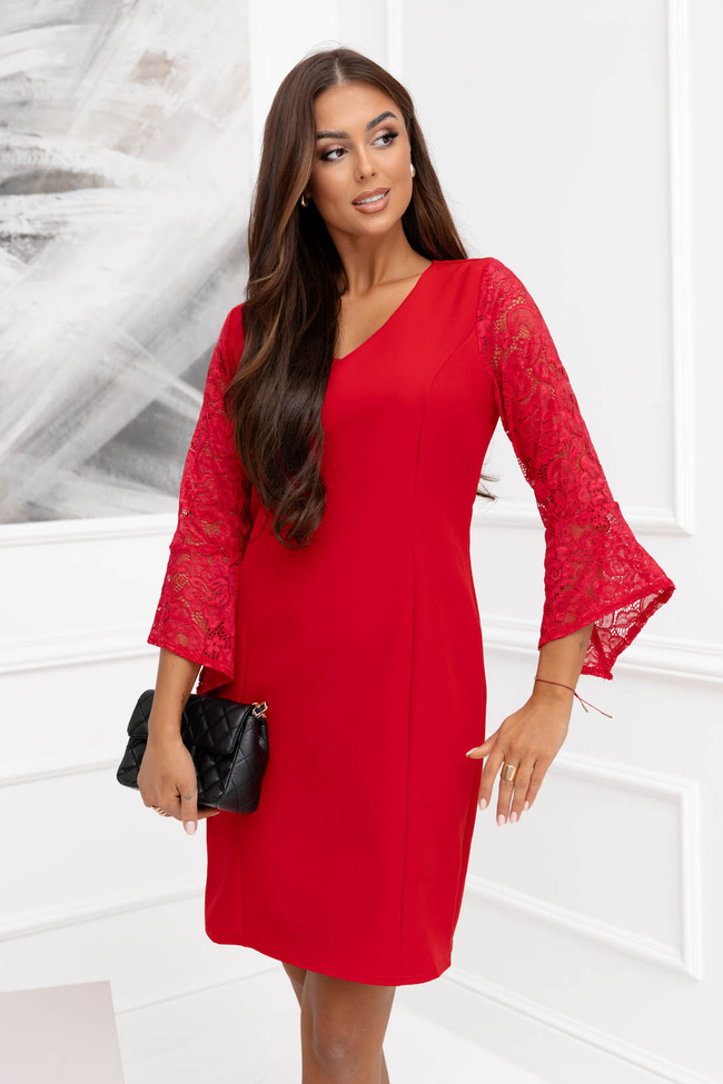 SUKIENKA MINI Z KORONKOWYMI RĘKAWAMI- CZERWONA