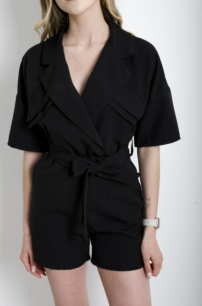 KOMBINEZON ELEGANCKI WIĄZANY W PASIE - CZARNY 