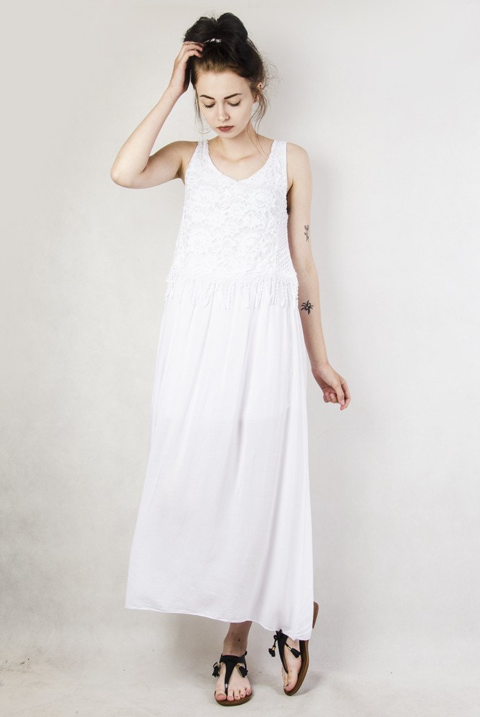 Długa, biała sukienka na ramiączka - Olika
