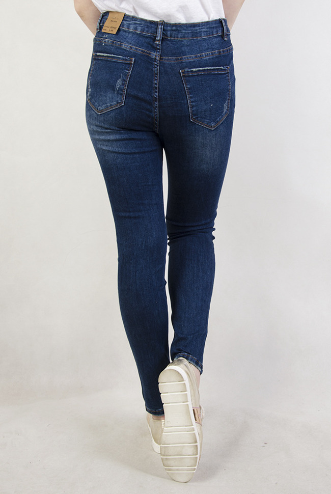 ( Rozmiary L-4 XL ) Spodnie jeansowe z wysokim stanem oraz delikatnymi przetarciami