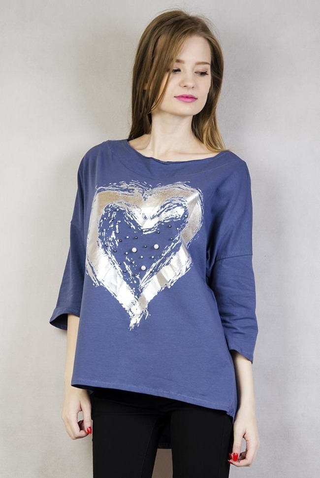 Asymetryczna bluzka z srebrnym sercem i perełkami, niebieska