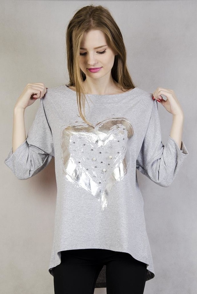 Asymetryczna bluzka z srebrnym sercem i perełkami, szara