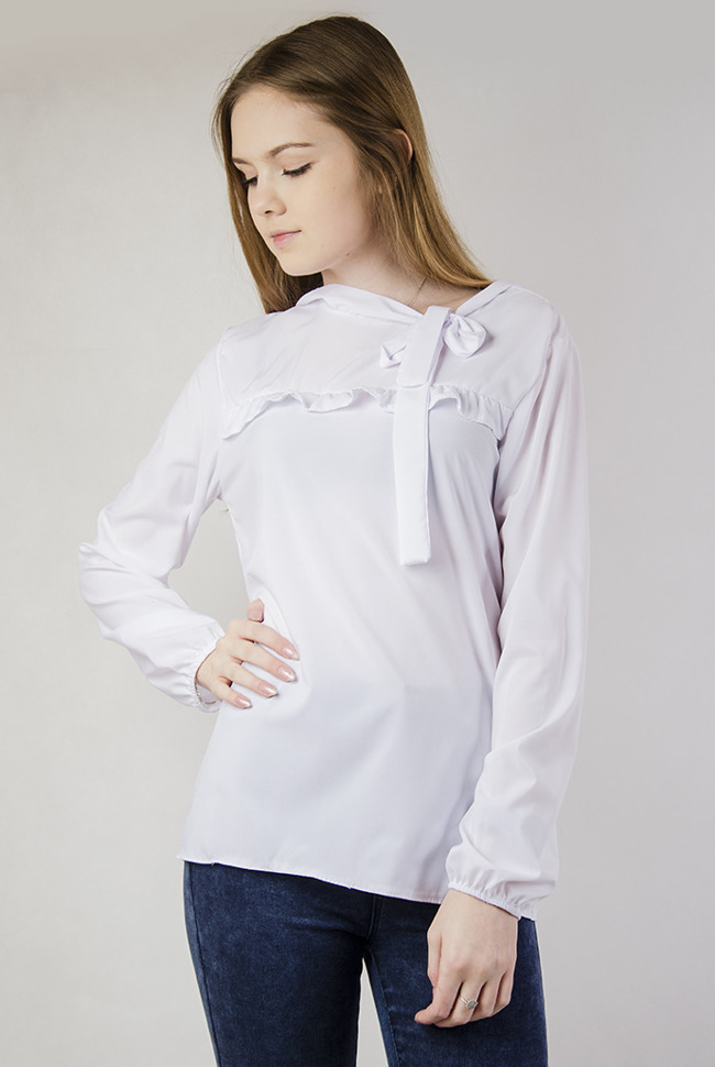 Biała bluzka koszulowa  z falbanką oraz wiązaniem przy szyi