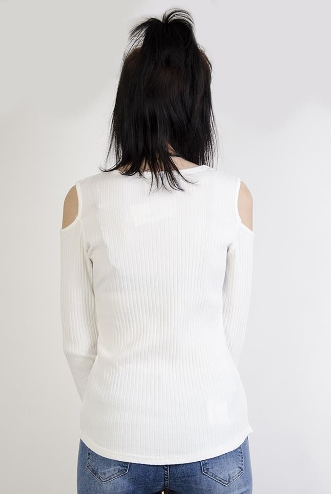 Biała prążkowana bluzka z wycięciami na ramionach