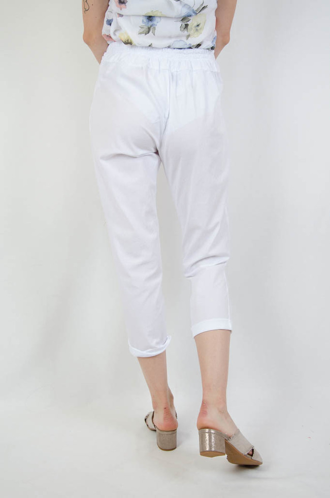 Białe materiałowe spodnie z wiązaniem w pasie 
