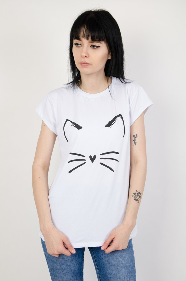Biały T-shirt z kotem 