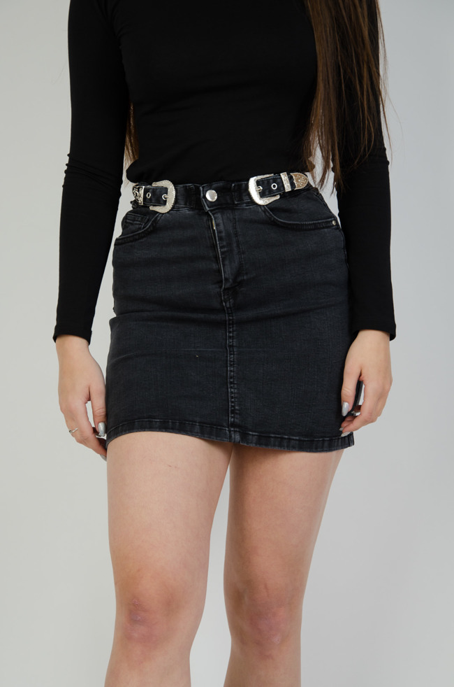 Ciemno-szara jeansowa spódnica z paskiem 