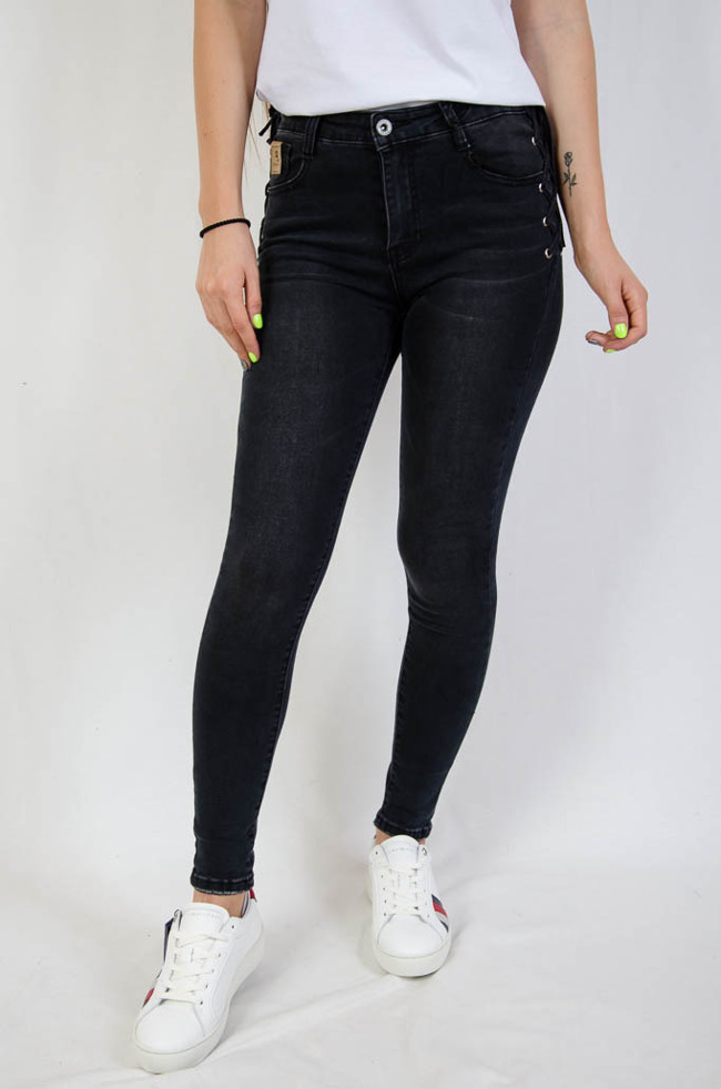 Ciemnoszare spodnie jeansowe z wiązaniem po bokach