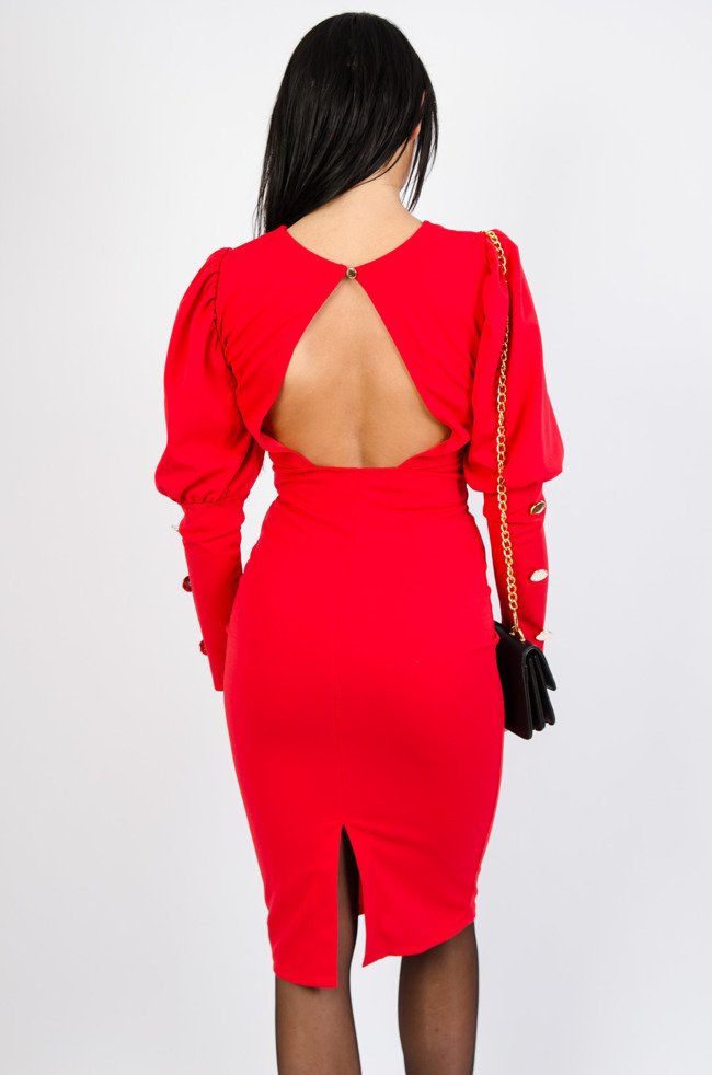 Czerwona ołówkowa sukienka z odkrytymi plecami