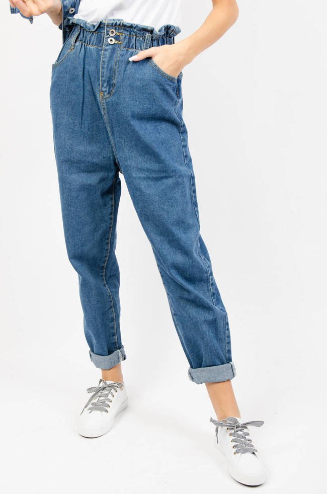 GRANATOWE SPODNIE MOM JEANS Z GUMĄ W PASIE-WYSOKI STAN