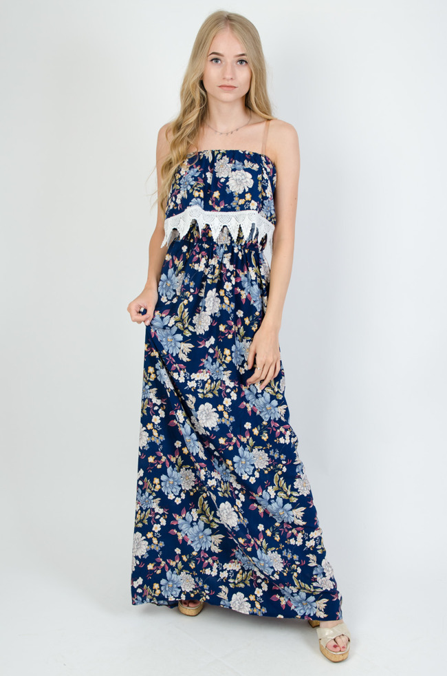 Granatowa sukienka hiszpanka w kwiaty