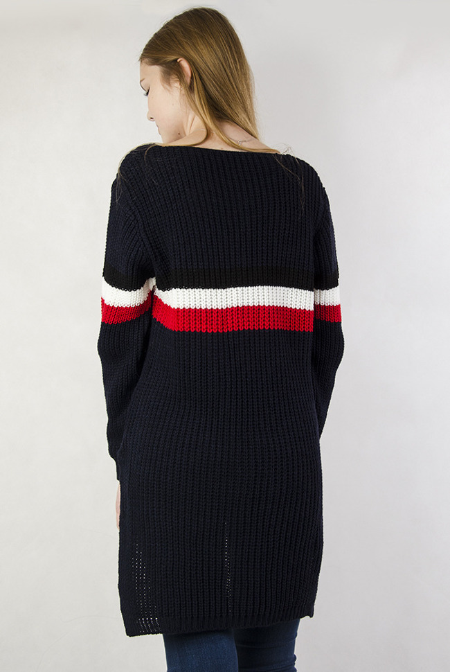 Granatowy, asymetryczny sweter z paskami