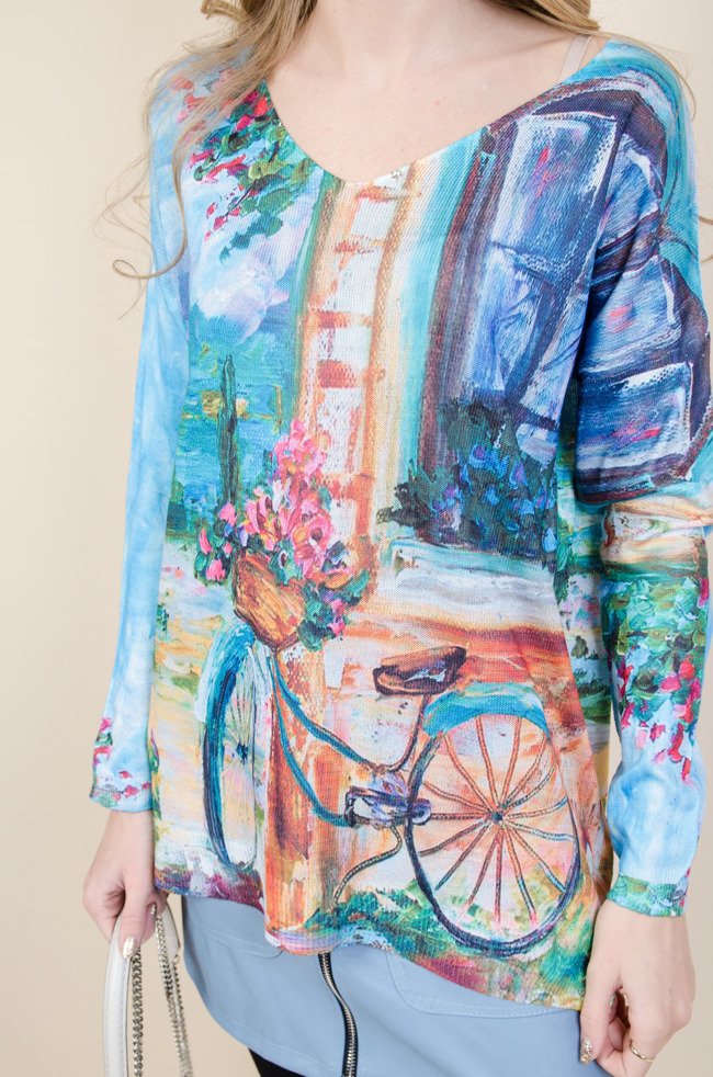 Kolorowa bluzka z długim rękawem-motyw z rowerem
