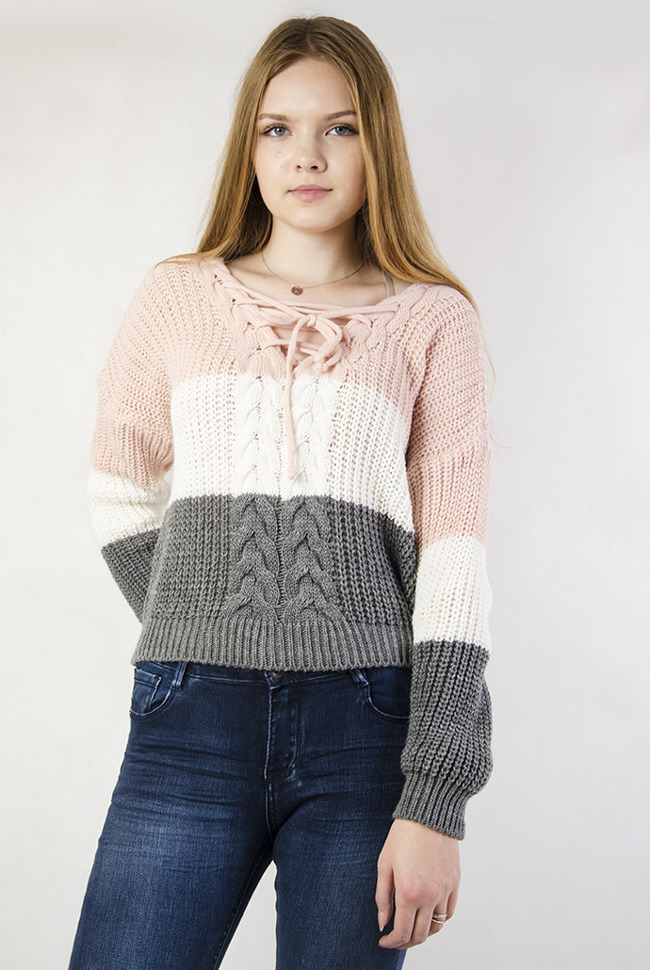 Różowo-biało-szary sweterek z wiązaniem
