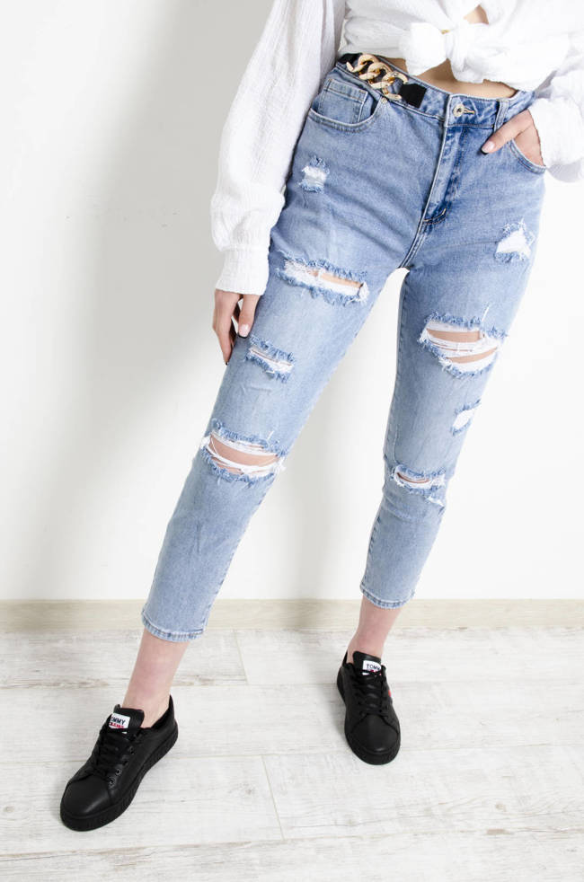 SPODNIE JEANSOWE MOM FIT Z ŁAŃCUCHEM 