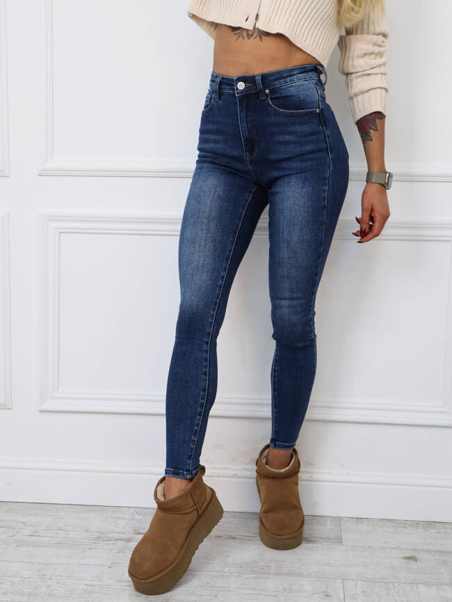 SPODNIE  JEANSOWE Z WYSOKIM STANEM - CIEMNY JEANS