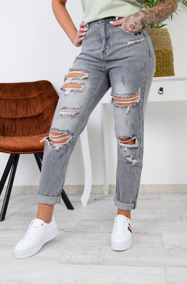 SZARE JEANSY MOM FIT Z DZIURAMI -WYSOKI STAN