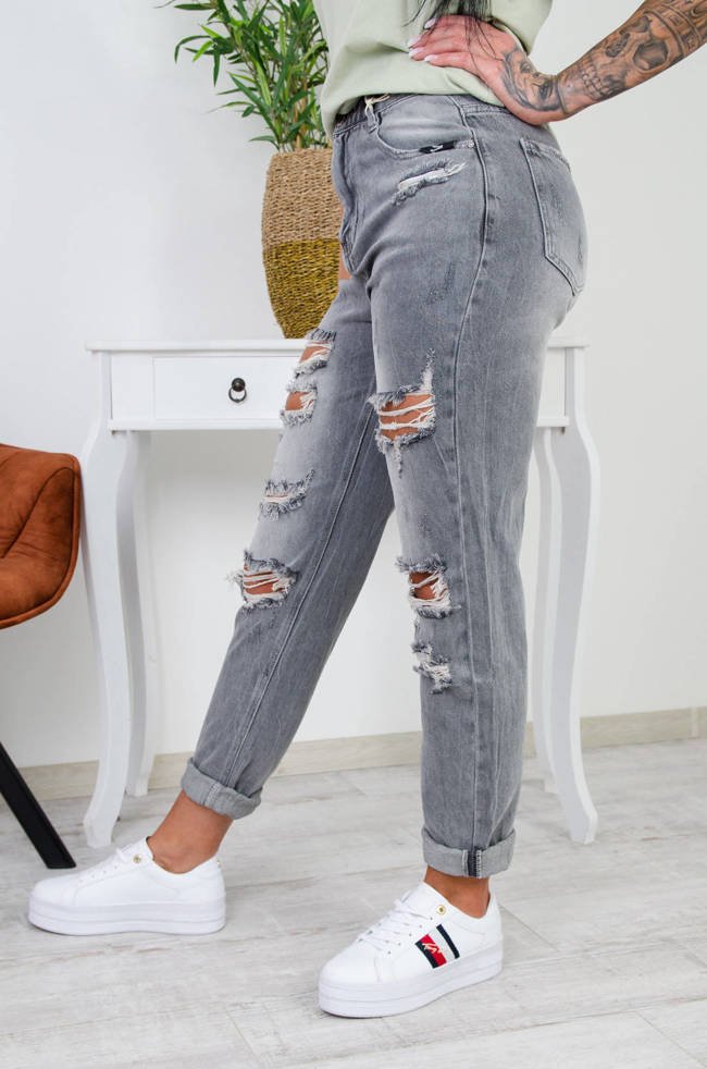 SZARE JEANSY MOM FIT Z DZIURAMI -WYSOKI STAN