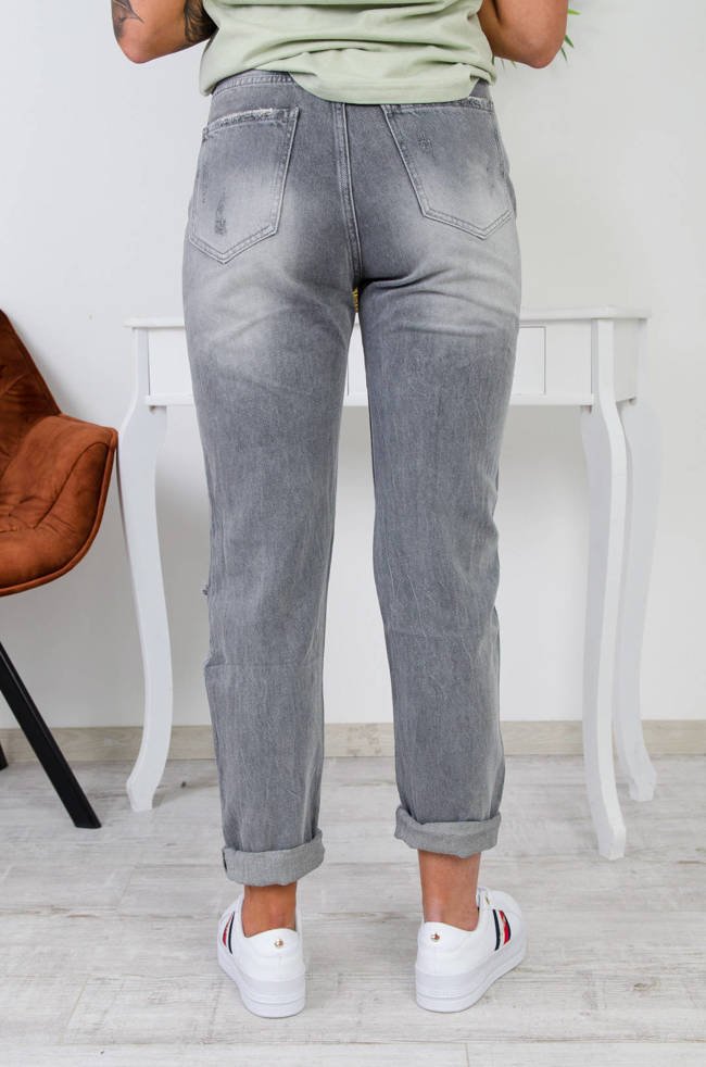 SZARE JEANSY MOM FIT Z DZIURAMI -WYSOKI STAN