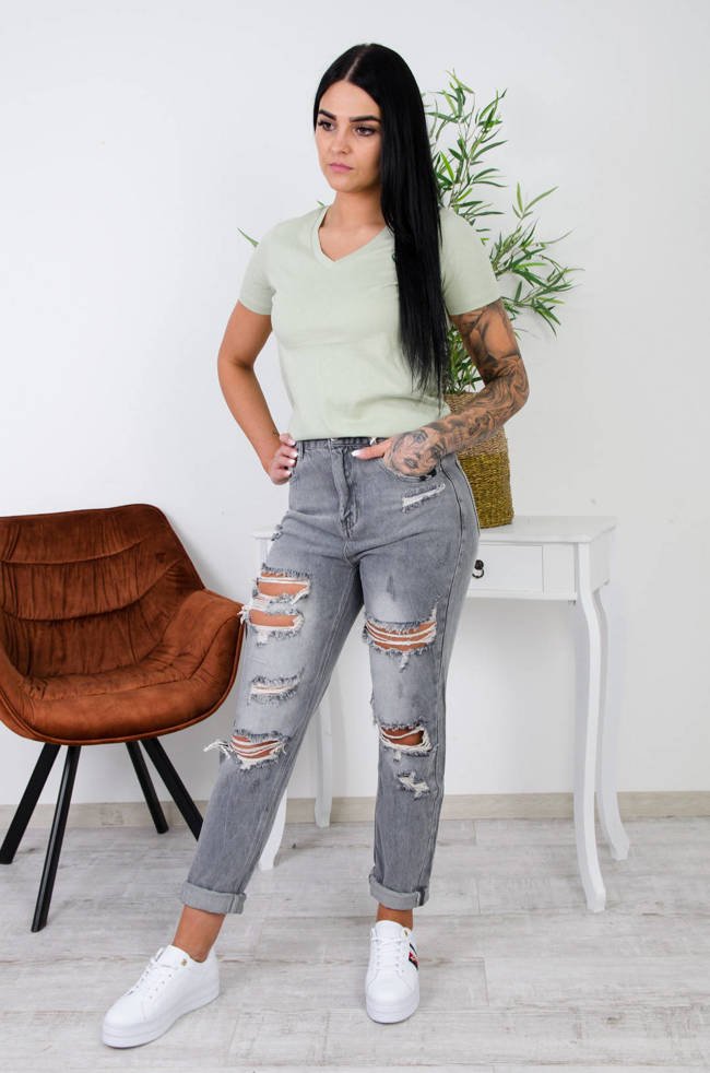 SZARE JEANSY MOM FIT Z DZIURAMI -WYSOKI STAN