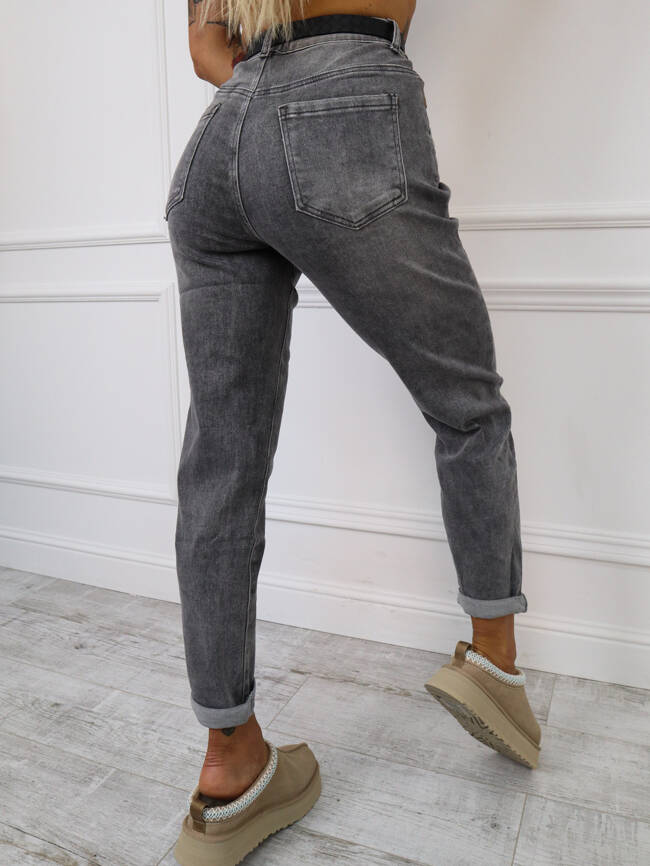 SZARE SPODNIE JEANSOWE MOM FIT+ PASEK ZE WSTĄŻKĄ